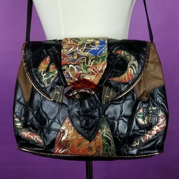 Vintage Handbags - Vintage 80s Leather Patchwork Purse Gold Moon